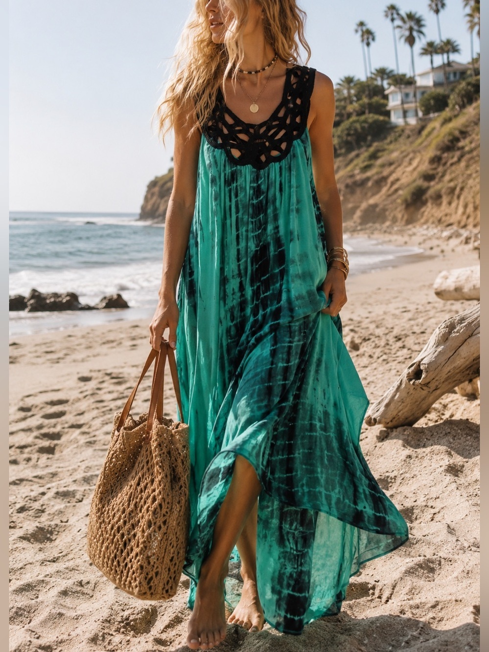 Club Z Collection Turquoise Tie Dye Crochet Maxi Swim Cover Up Dress NWT L